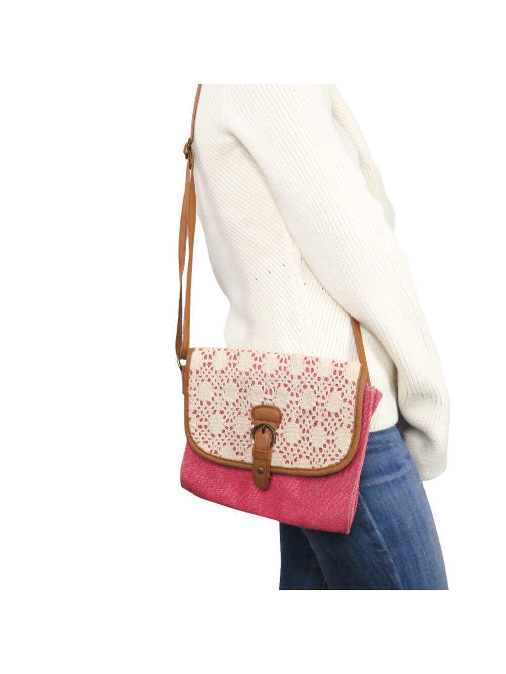 Y2k American Eagle Coral & White Lace Canvas Cross Body Bag